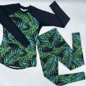 BlackStrap Workout‎ Set Legging Top Long Sleeve Women Black Tropical Palm Small